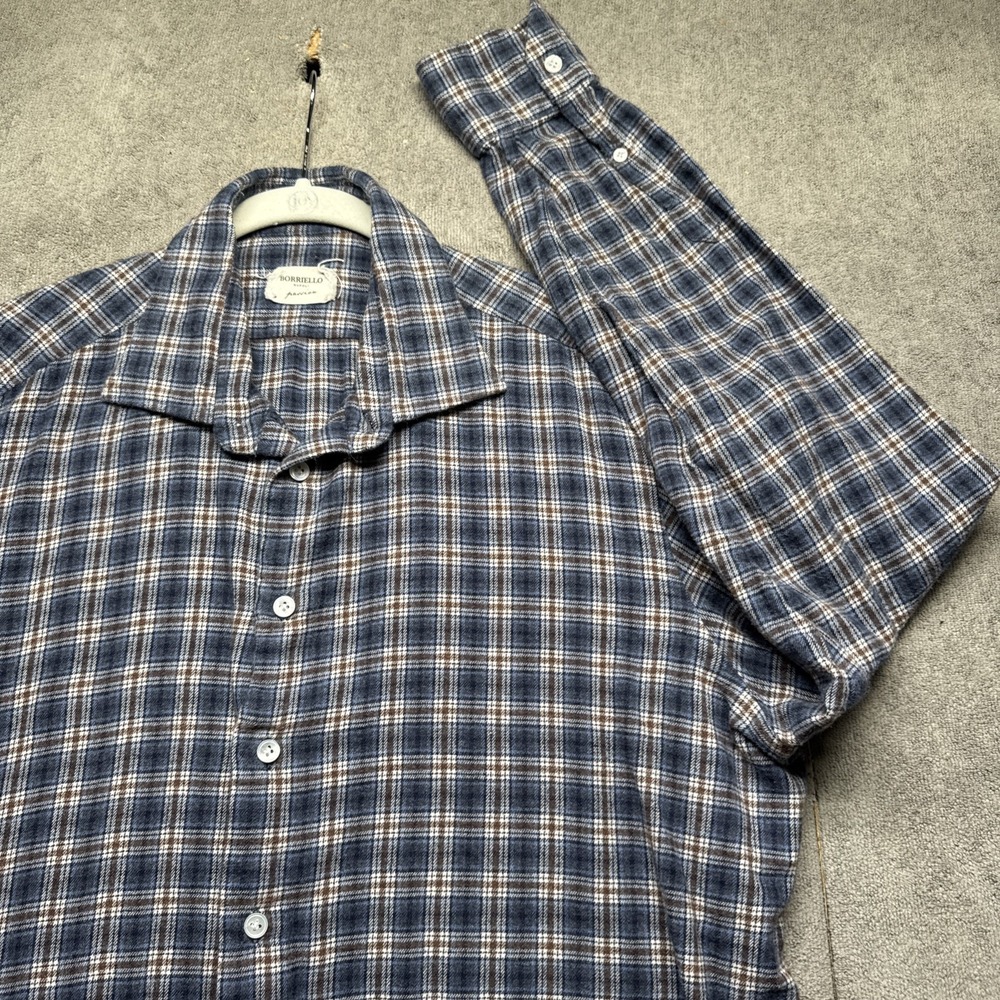 Borrelli Napoli‎ Italian Blue Plaid Flannel Shirt Soft Cotton Tailored 44 XL